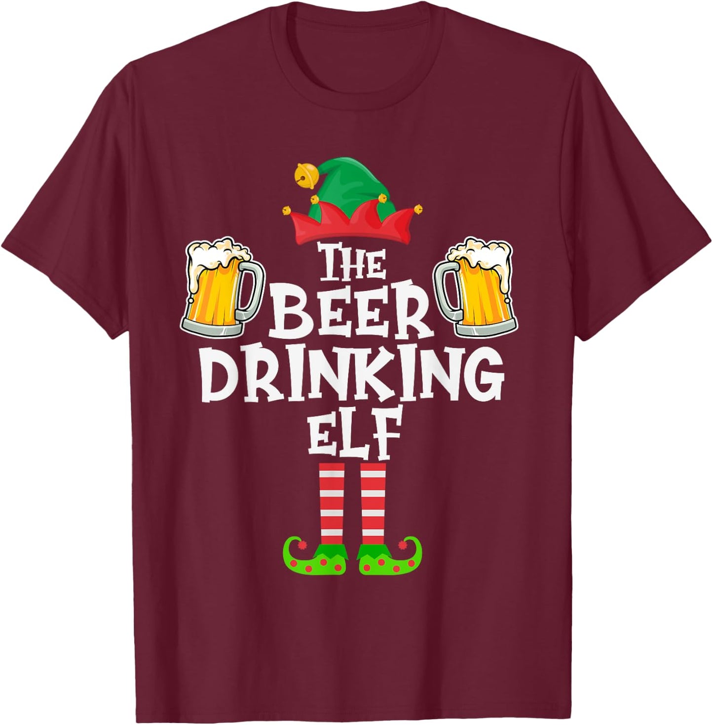 The Beer Drinking Elf, Funny Matching Family Group Christmas T-Shirt - T-Shirt | Maroon