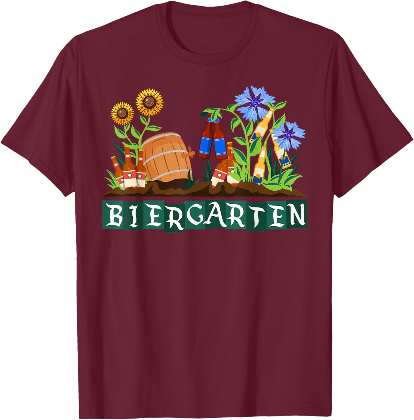 Retro Biergarten Sunflowers Cornflowers Octoberfest T-Shirt - T-Shirt | Maroon