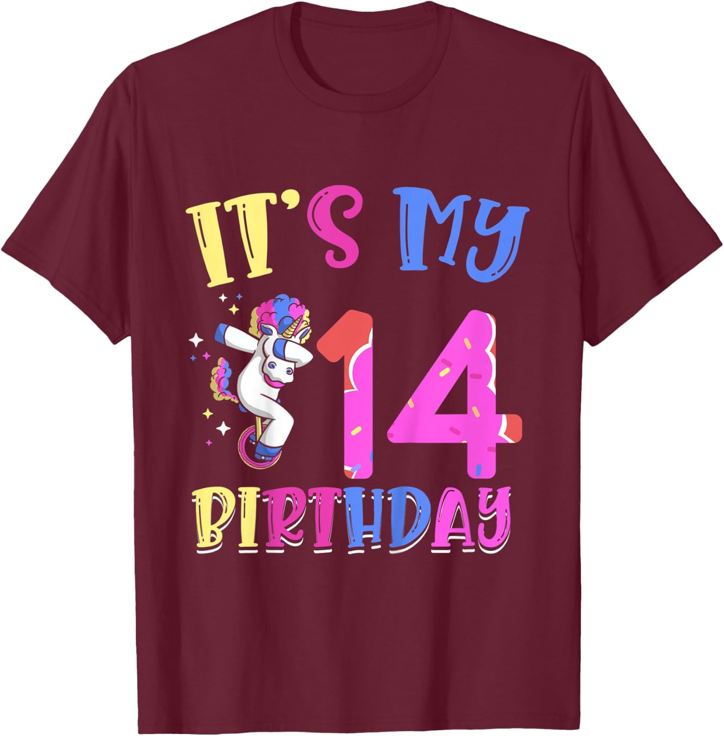 Kids It's My 14 Birthday Dabbing Unicorn Pony 14th Birthday T-Shirt - T-Shirt | Maroon