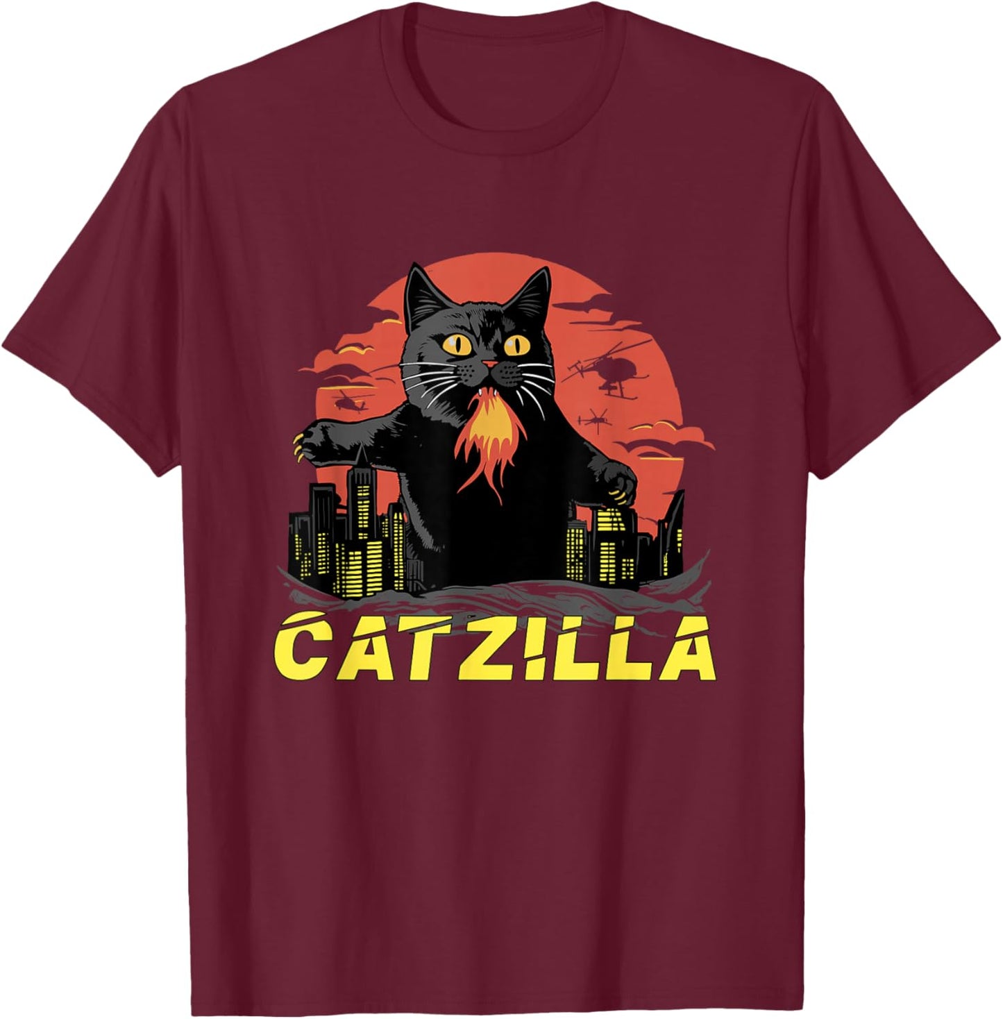 Japanese Cat Sunset Catzilla T-Shirt - T-Shirt | Maroon