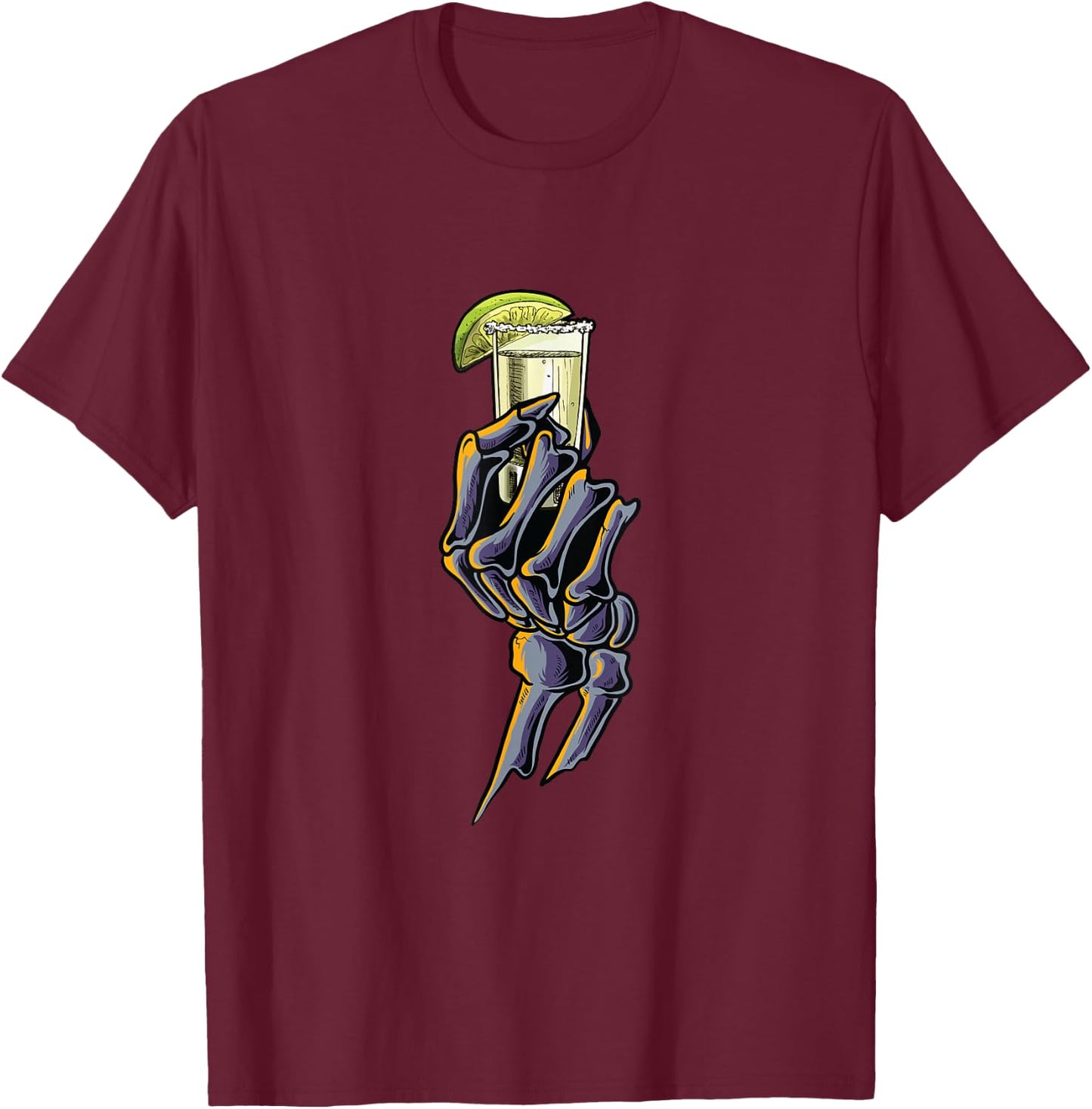 Funny Skeleton Hand With Tequila | Alcohol Party T-Shirt - T-Shirt | Maroon