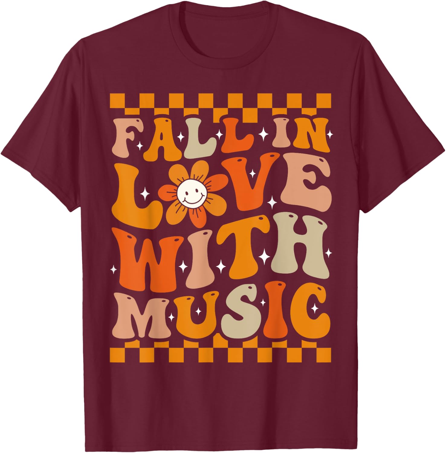 Fall In Love With Music Groovy Thanksgiving Music Teacher Men Women Girls Kids T-Shirt - T-Shirt | Maroon