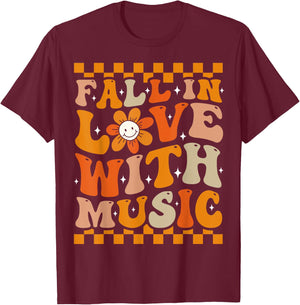 Fall In Love With Music Groovy Thanksgiving Music Teacher Men Women Girls Kids T-Shirt - T-Shirt | Maroon