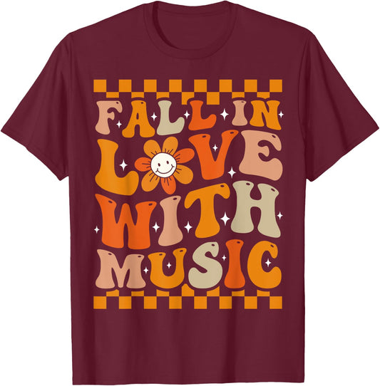 Fall In Love With Music Groovy Thanksgiving Music Teacher Men Women Girls Kids T-Shirt - T-Shirt | Maroon