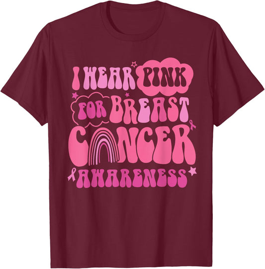 Retro Groovy I Wear Pink For Breast Cancer Awareness T-Shirt - T-Shirt | Maroon