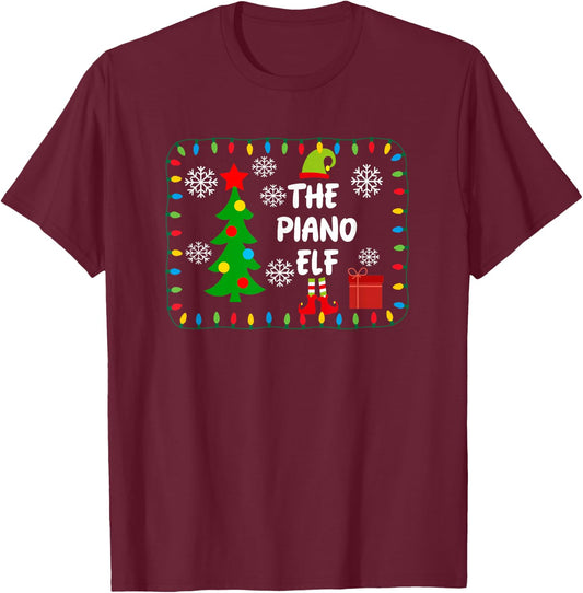 The Piano Elf - Cute Xmas Tree Lights Friends - Pianist T-Shirt - T-Shirt | Maroon