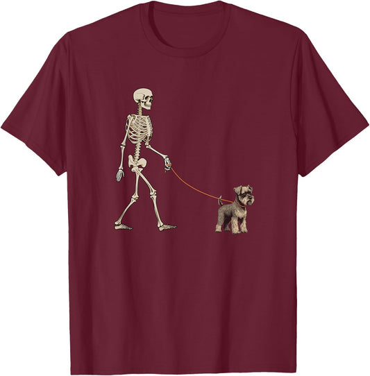Funny Miniature Schnauzer Skeleton Dog Walking Halloween Dog T-Shirt - T-Shirt | Maroon