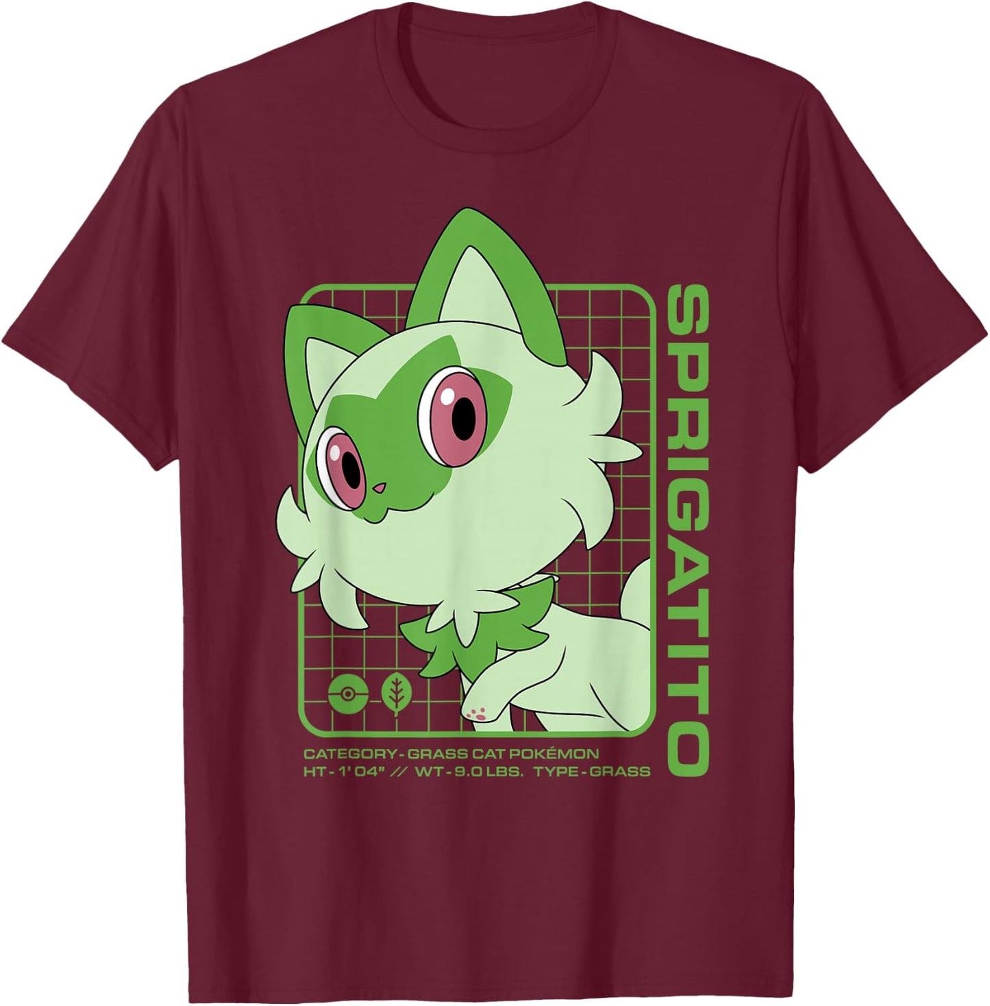Pokémon - Sprigatito Stats T-Shirt - T-Shirt | Maroon
