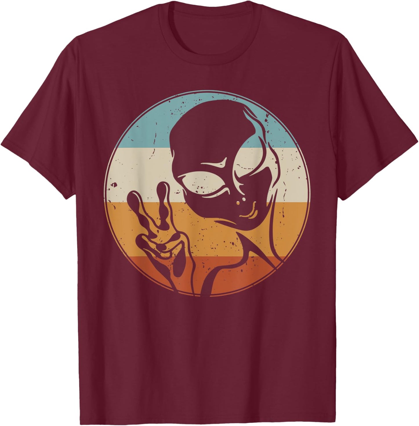 Retro Vintage Alien Peace Hand UFO Space Lovers T-Shirt - T-Shirt | Maroon