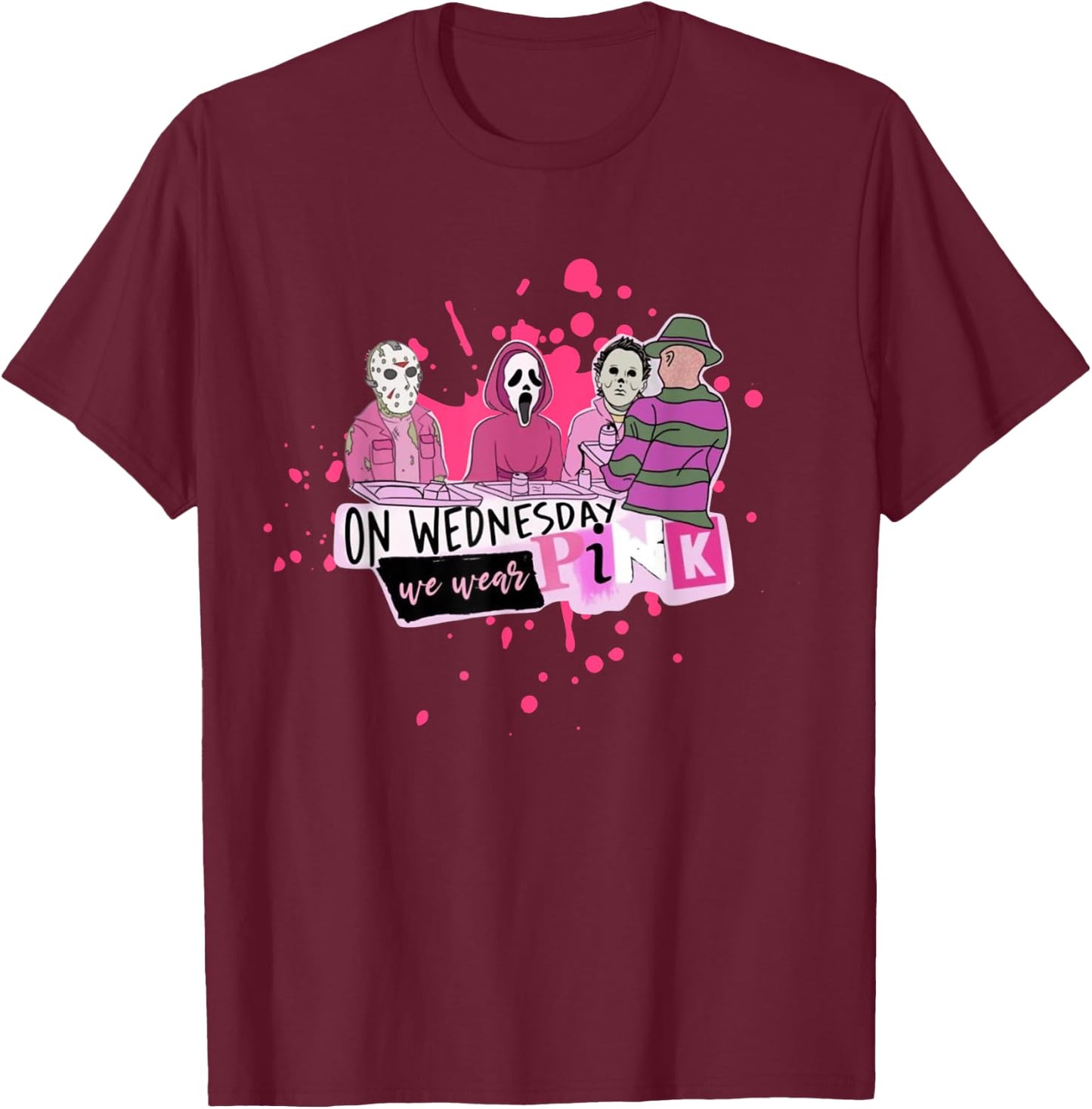 Weds. We Wear Pink Horror Villain Halloween Oct. Spooky Fun T-Shirt - T-Shirt | Maroon