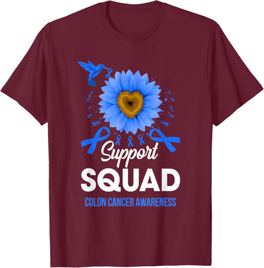 Support Squad Colon Cancer Awareness Sunflower Hummingbird T-Shirt - T-Shirt | Maroon