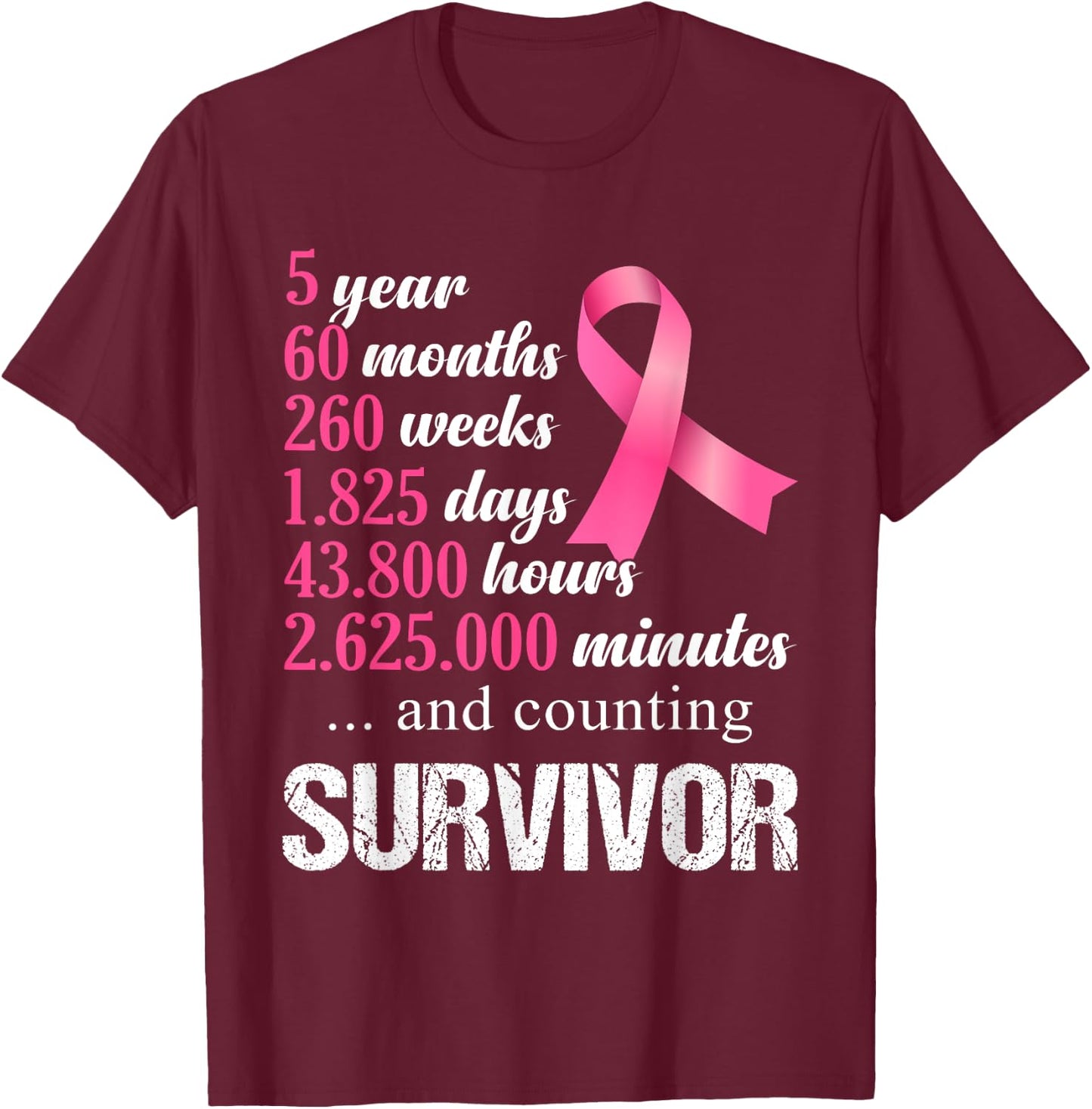 5 Year Survivor Breast Cancer Awareness Pink Ribbon T-Shirt - T-Shirt | Maroon