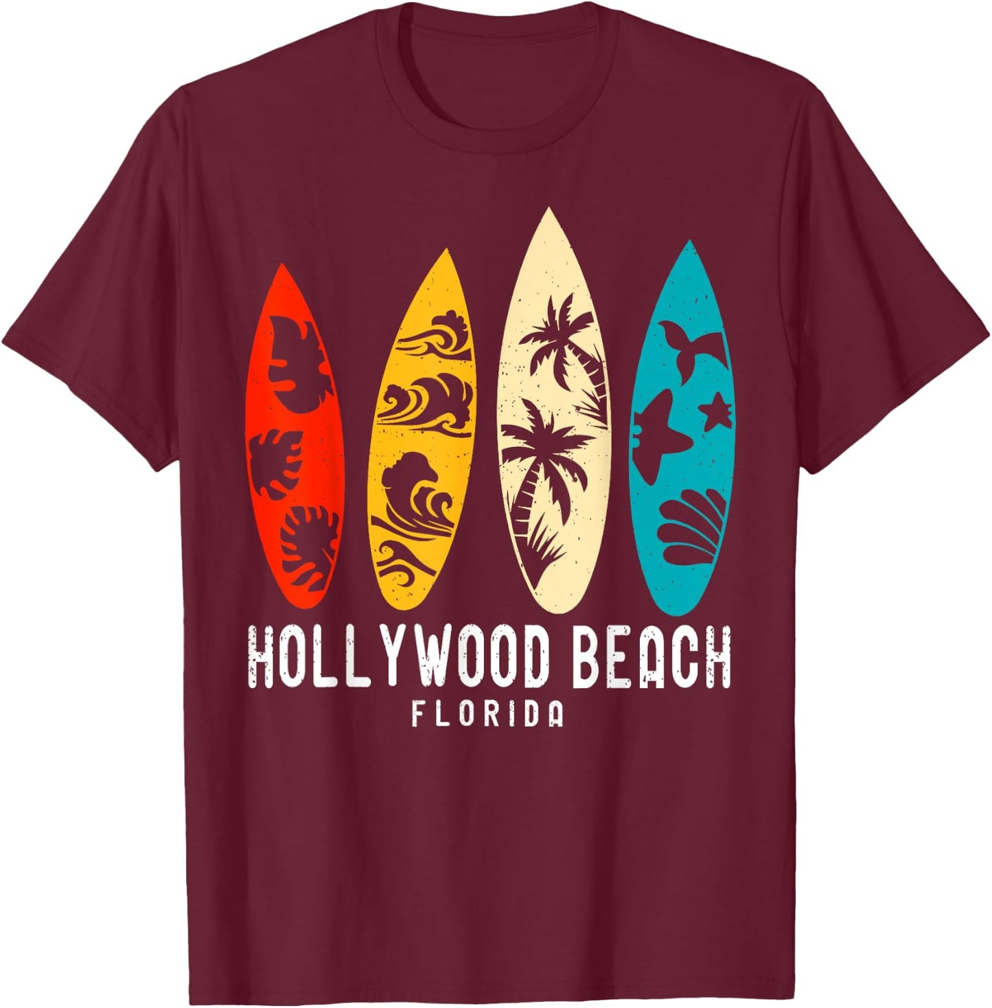 Vintage Hollywood Beach Florida Beach Surfing Surfboard T-Shirt - T-Shirt | Maroon