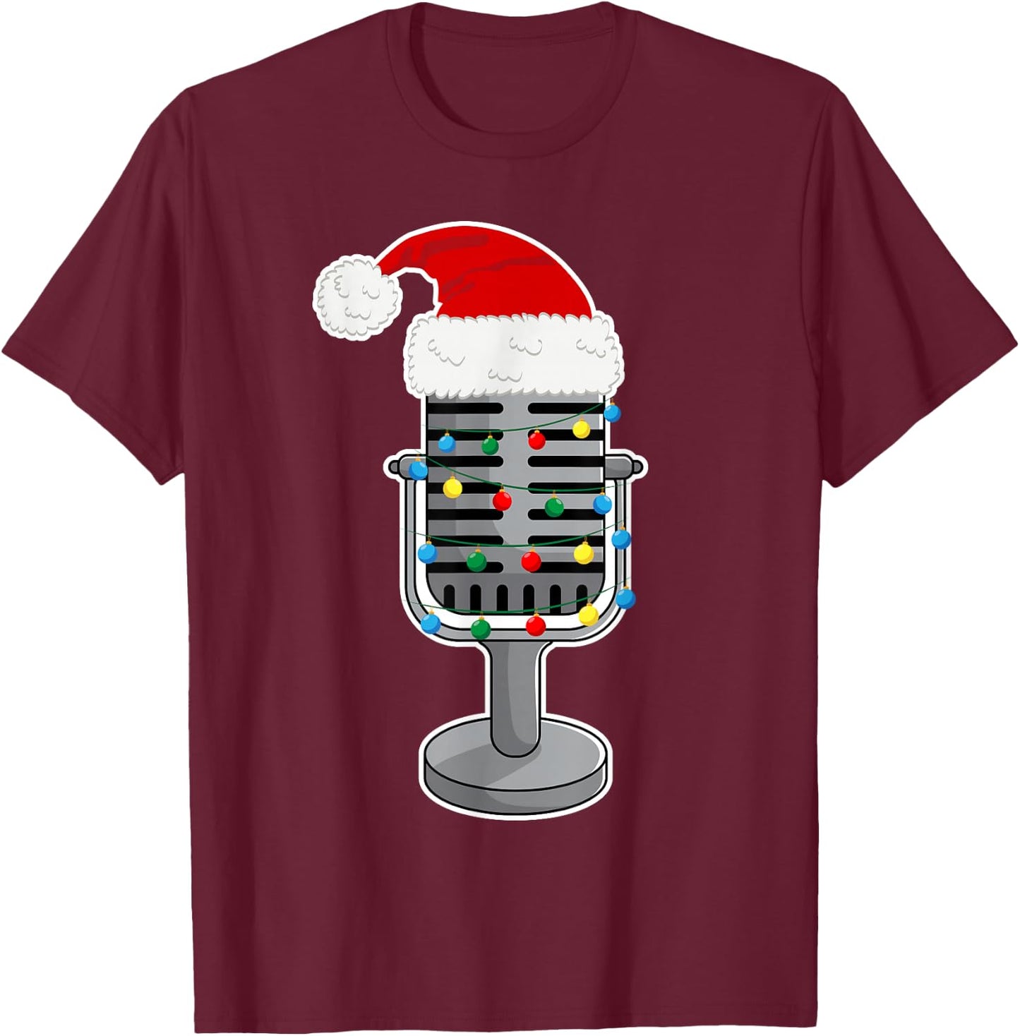 Christmas Lights Podcast Mic Wearing Xmas Hat Podcaster T-Shirt - T-Shirt | Maroon