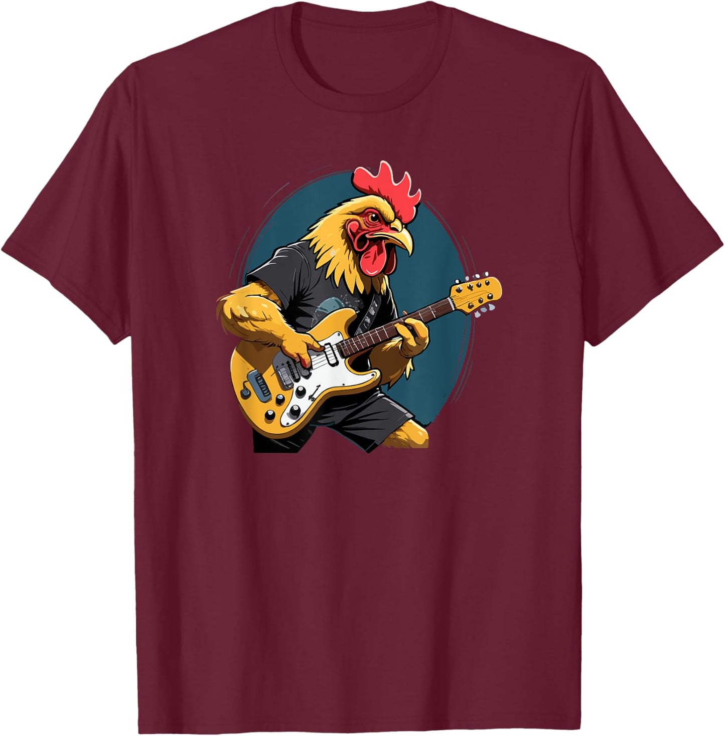 Music Lovers Chicken playing Guitar Chicken Guitarist Black Cartoon T-Shirt - T-Shirt | Maroon