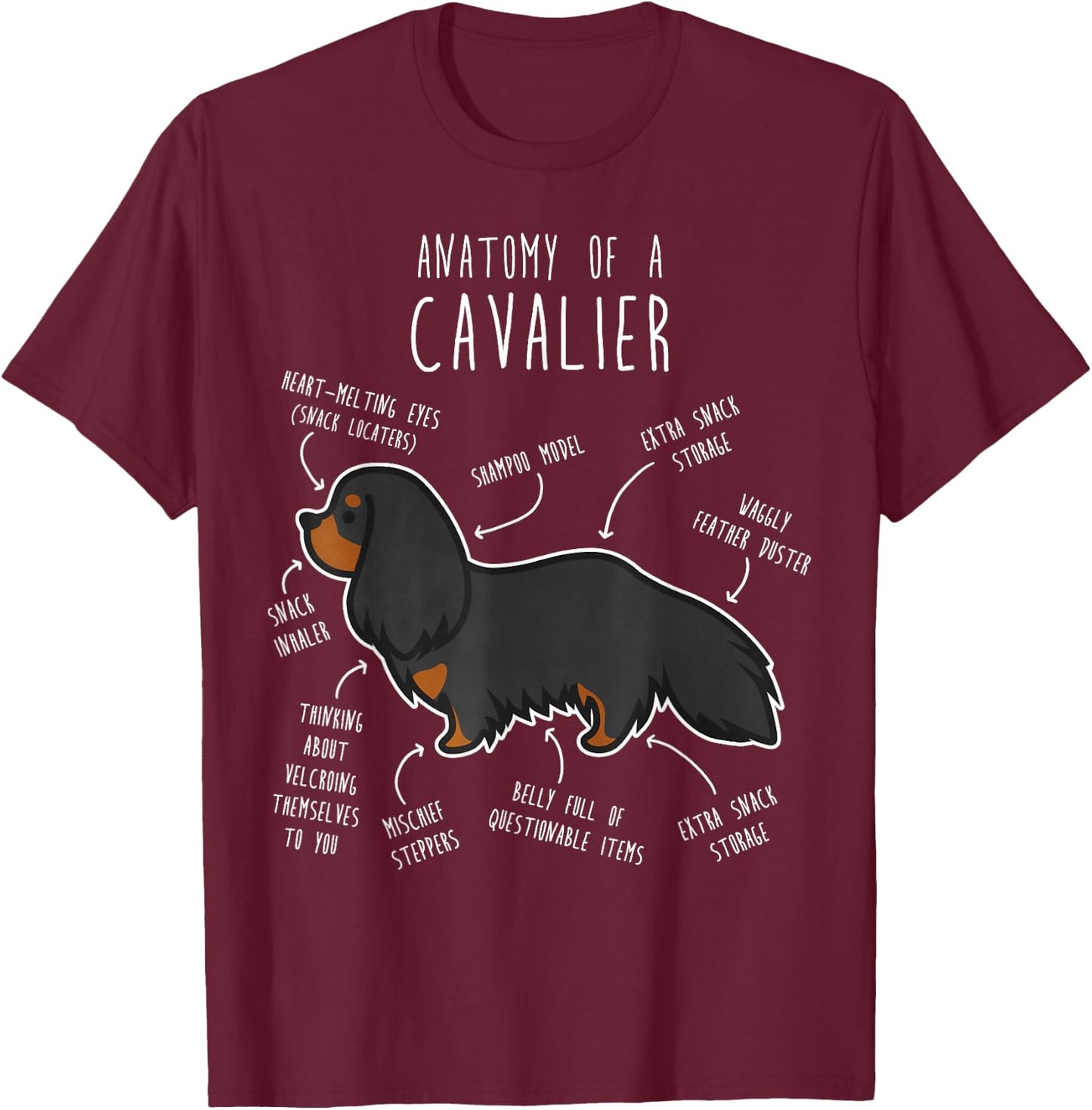 Cavalier King Charles Spaniel Dog Black Tan Funny Anatomy Women Girls Kids T-Shirt - T-Shirt | Maroon