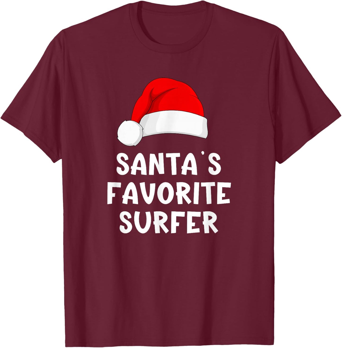 Christmas Santa's Favorite Surfer Funny Xmas Surfing Surf T-Shirt - T-Shirt | Maroon