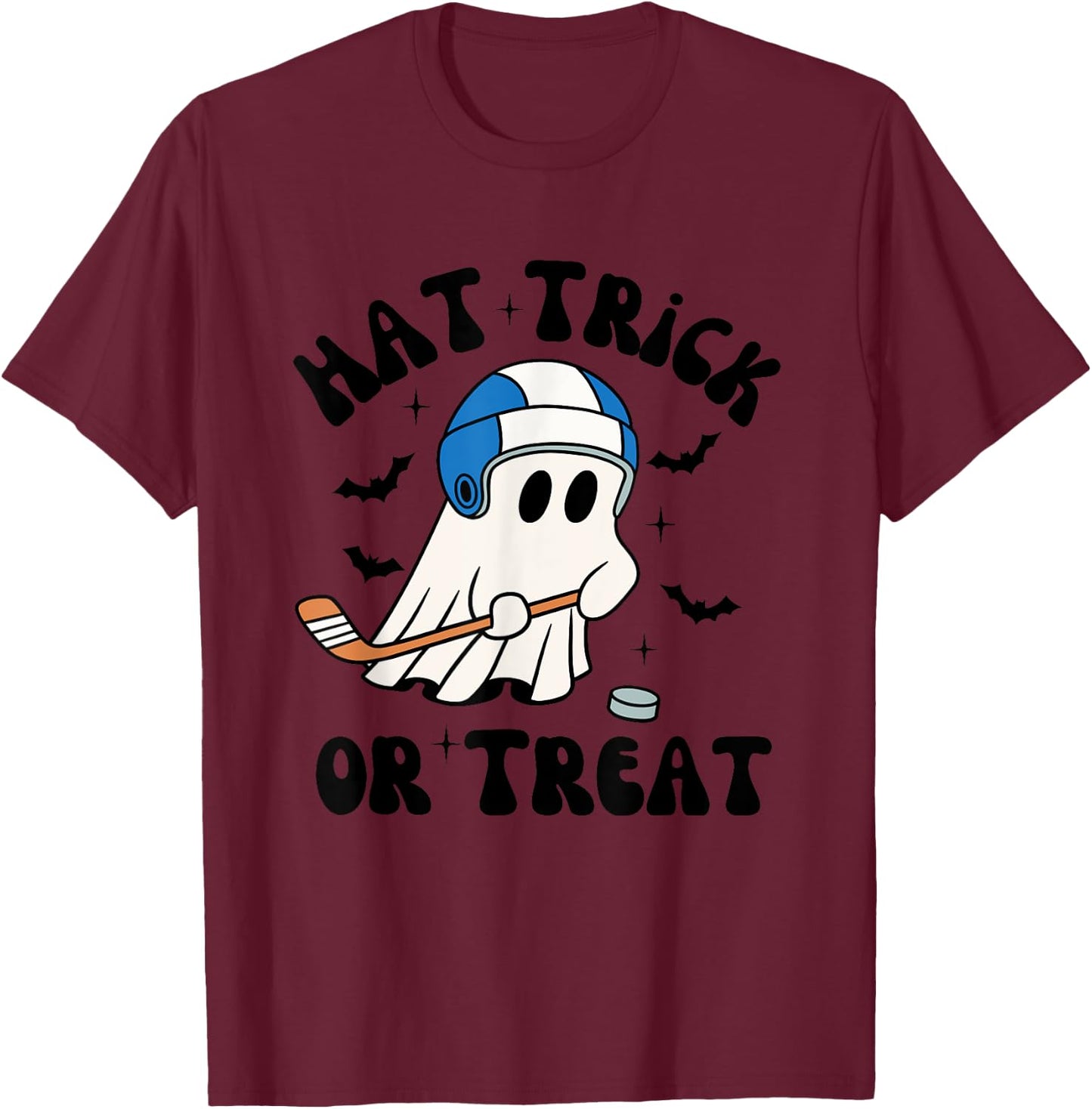 Hat Trick or Treat, Hilarious Hockey Halloween Family Shirt T-Shirt - T-Shirt | Maroon