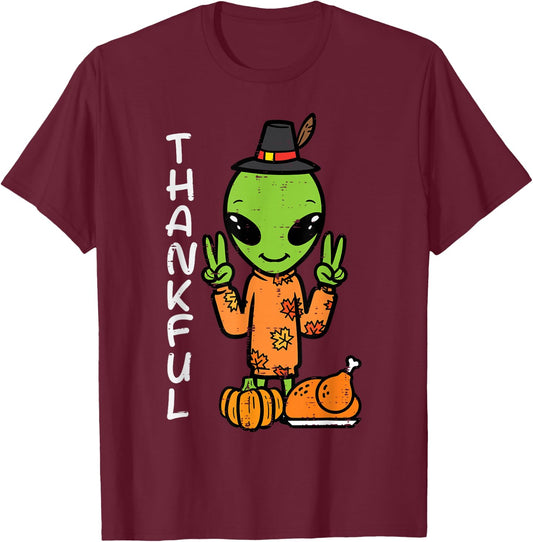 Thanksgiving Alien Peace Thankful Fall Space Kids Men Women T-Shirt - T-Shirt | Maroon