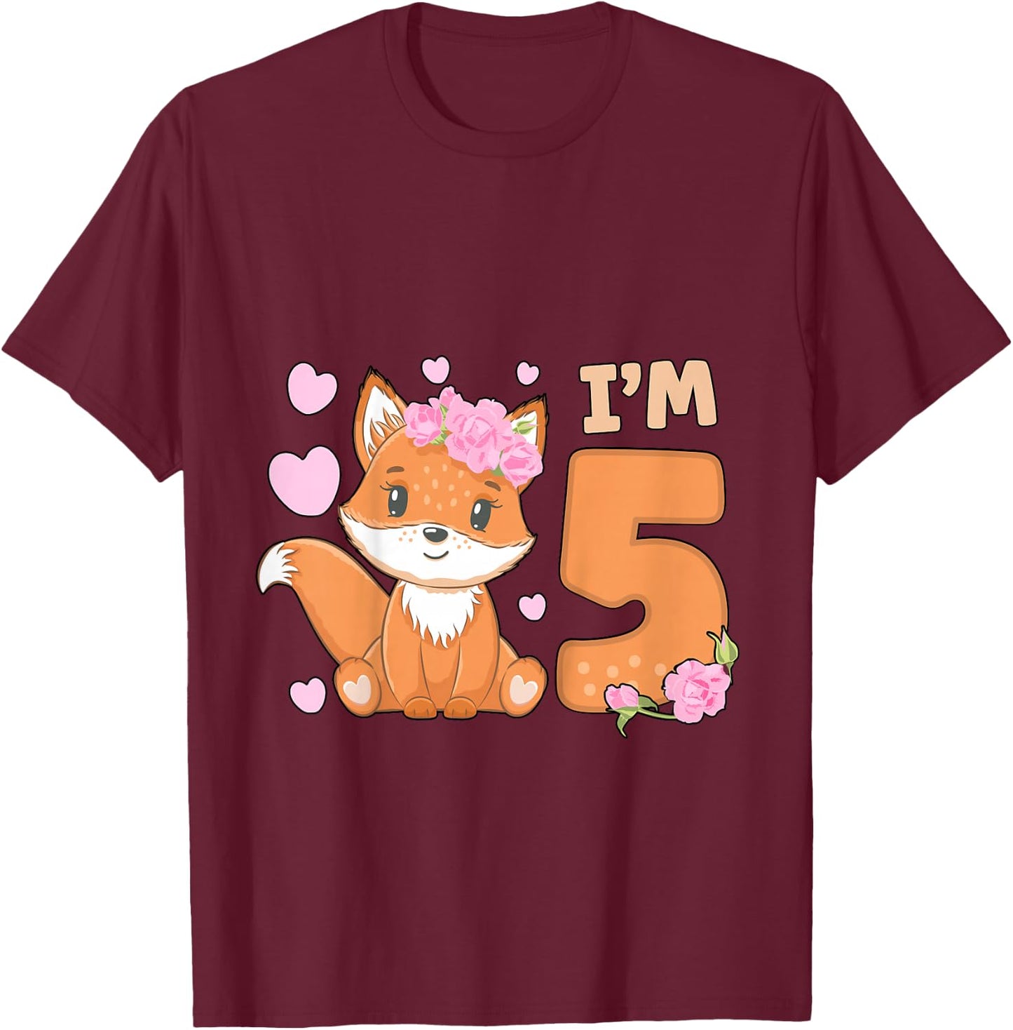 5th Fox Birthday Party Five Year Old Girl Fox Birthday T-Shirt - T-Shirt | Maroon