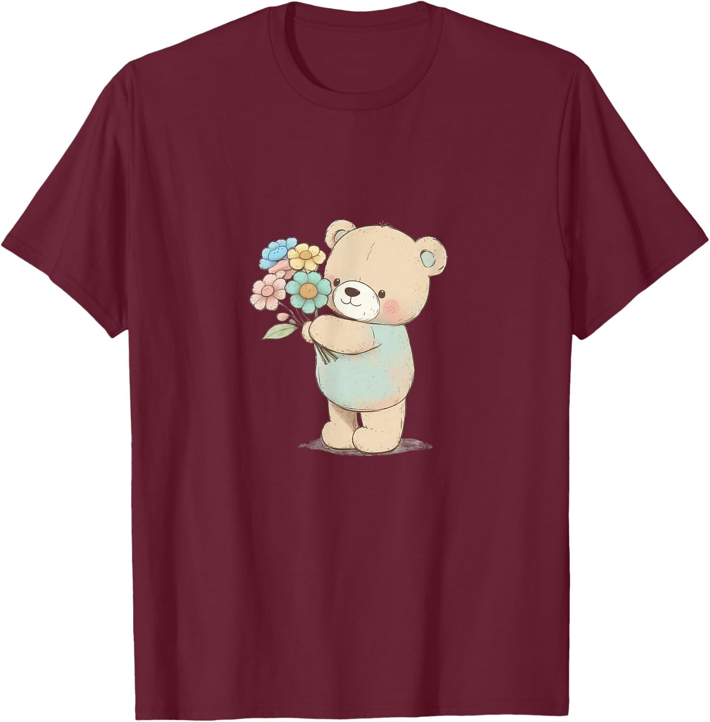 Cartoon Bear with Flowers T-Shirt - T-Shirt | Maroon