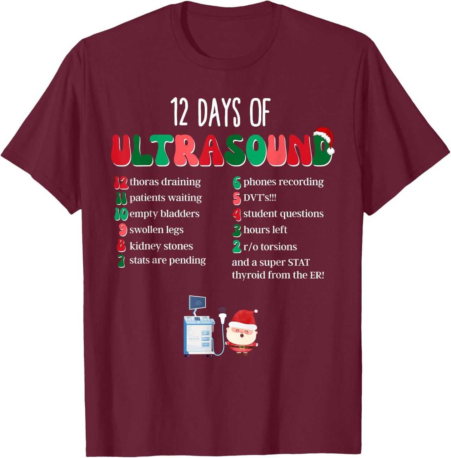 12 Days Of Ultrasound Tech Sonographer Christmas Women Men T-Shirt - T-Shirt | Maroon