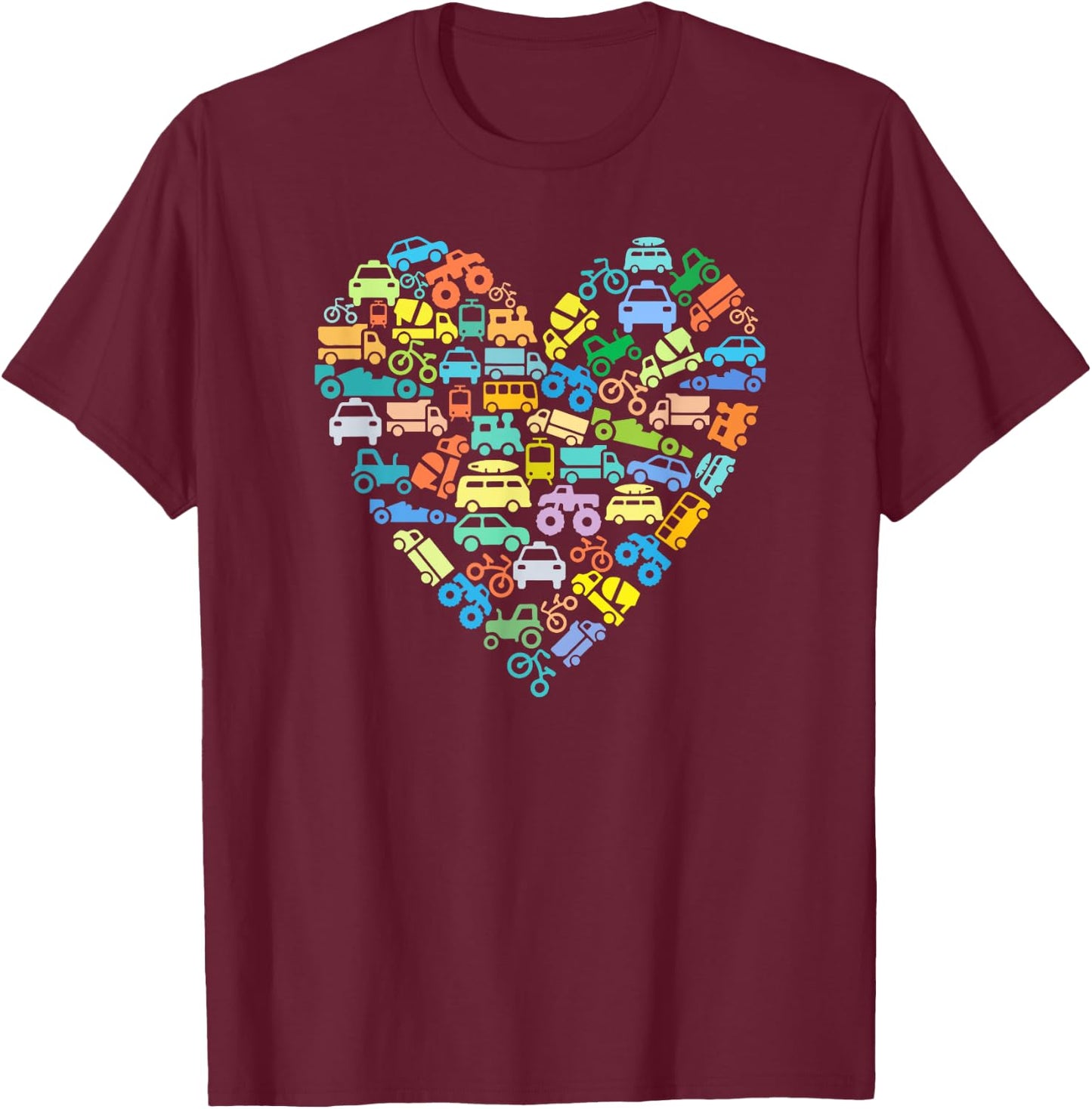 RST Creative Kids Kids Transportation Heart Love Truck Car Train Vehicles Birthday T-Shirt - T-Shirt | Maroon