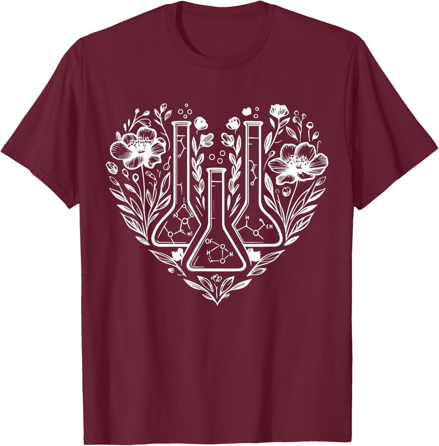 Retro Laboratory Floral Beakers Heart Chemistry Scientist T-Shirt - T-Shirt | Maroon