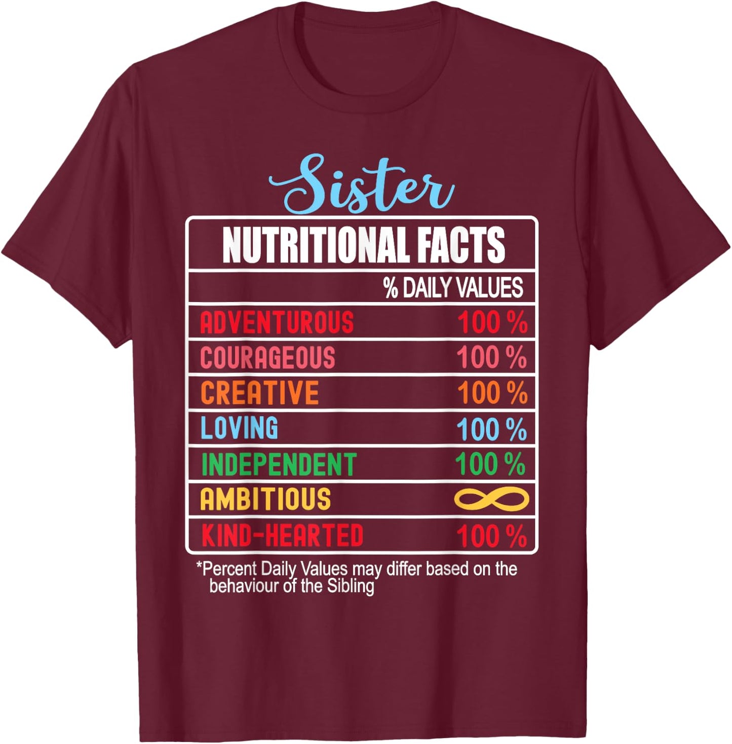 Sister Nutritional Facts National Sister's Day Funny T-Shirt - T-Shirt | Maroon