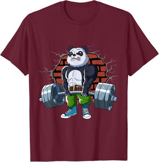 Bodybuilding and weightlifting designs Fitness Panda gains doing Deadlift Workout Training Gym T-Shirt - T-Shirt | Maroon