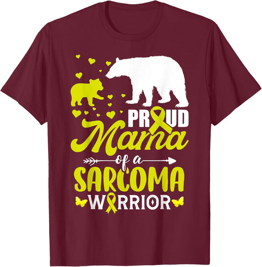 Mom Bear Proud Mama Of Sarcoma Cancer Warrior Yellow Ribbon T-Shirt - T-Shirt | Maroon