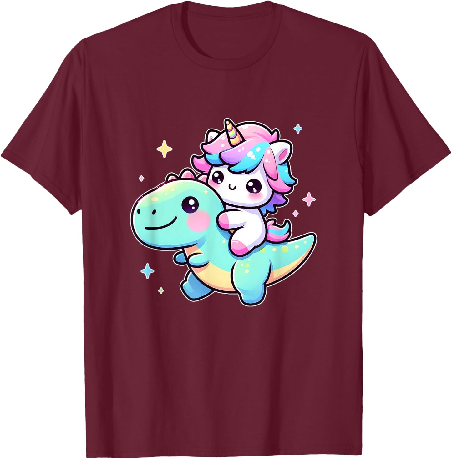 Adorable Kawaii Unicorn Rides Dinosaur T-Shirt - T-Shirt | Maroon