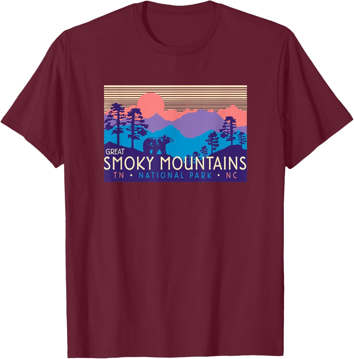 Great Smoky Mountains National Park Retro Scenery T-Shirt - T-Shirt | Maroon