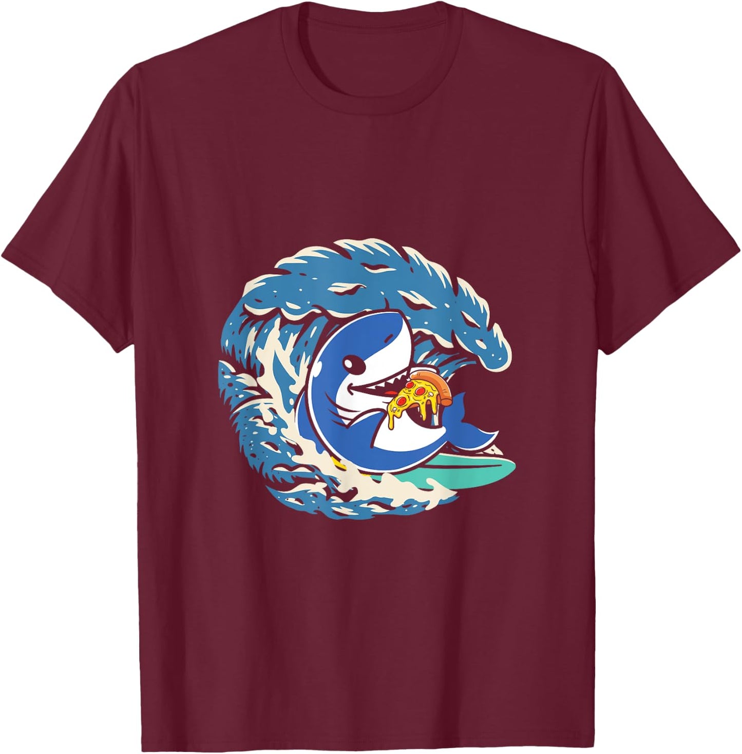 Surfing Shark Eating Pepperoni Pizza T-Shirt - T-Shirt | Maroon