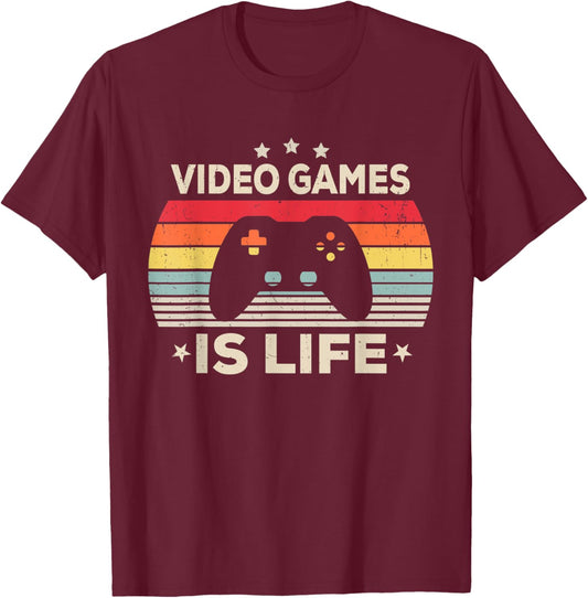 Video Games Is Life Girl Women Men Boys Gamer Gaming Vintage T-Shirt - T-Shirt | Maroon