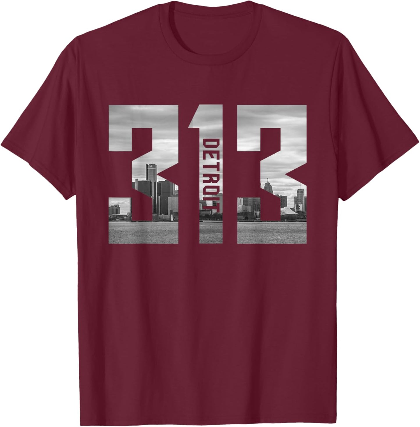 Vintage Detroit Michigan 313 Area Code Skyline T-Shirt - T-Shirt | Maroon