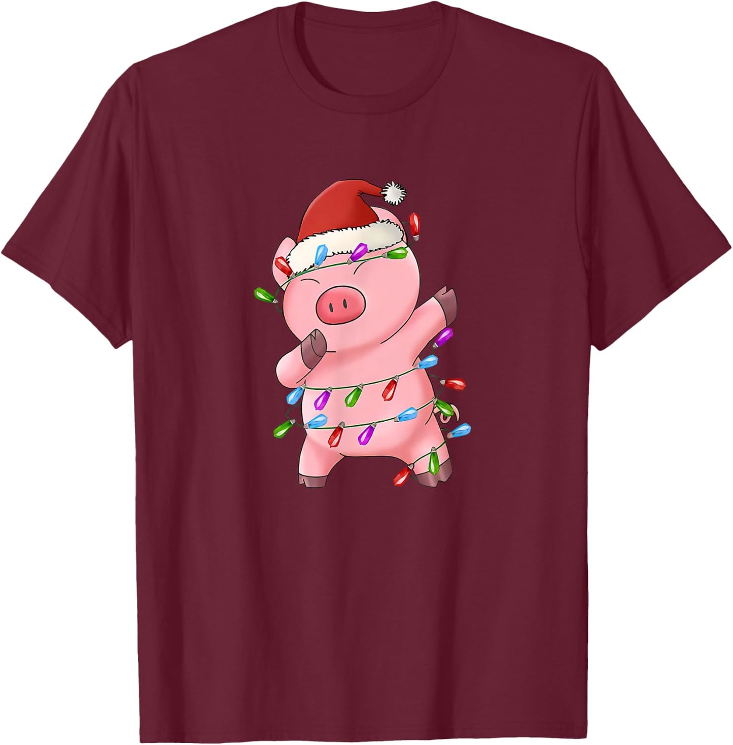 Dabbing Pig Santa Hat Christmas Tree Lights Funny Xmas T-Shirt - T-Shirt | Maroon