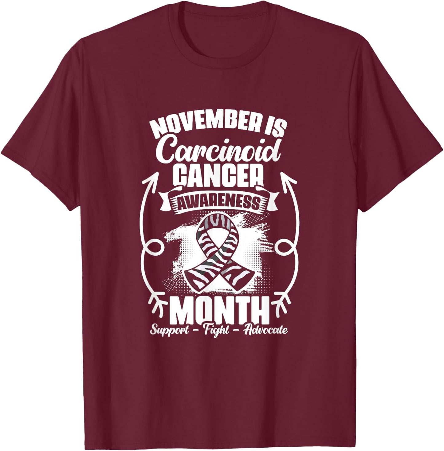Zebra Ribbon November Carcinoid Cancer Awareness T-Shirt - T-Shirt | Maroon