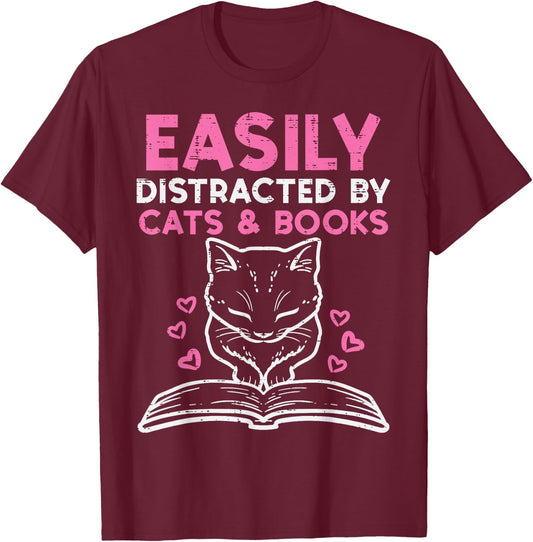 Easily Distracted By Cats Books Bookworm Women Girls Kids T-Shirt - T-Shirt | Maroon