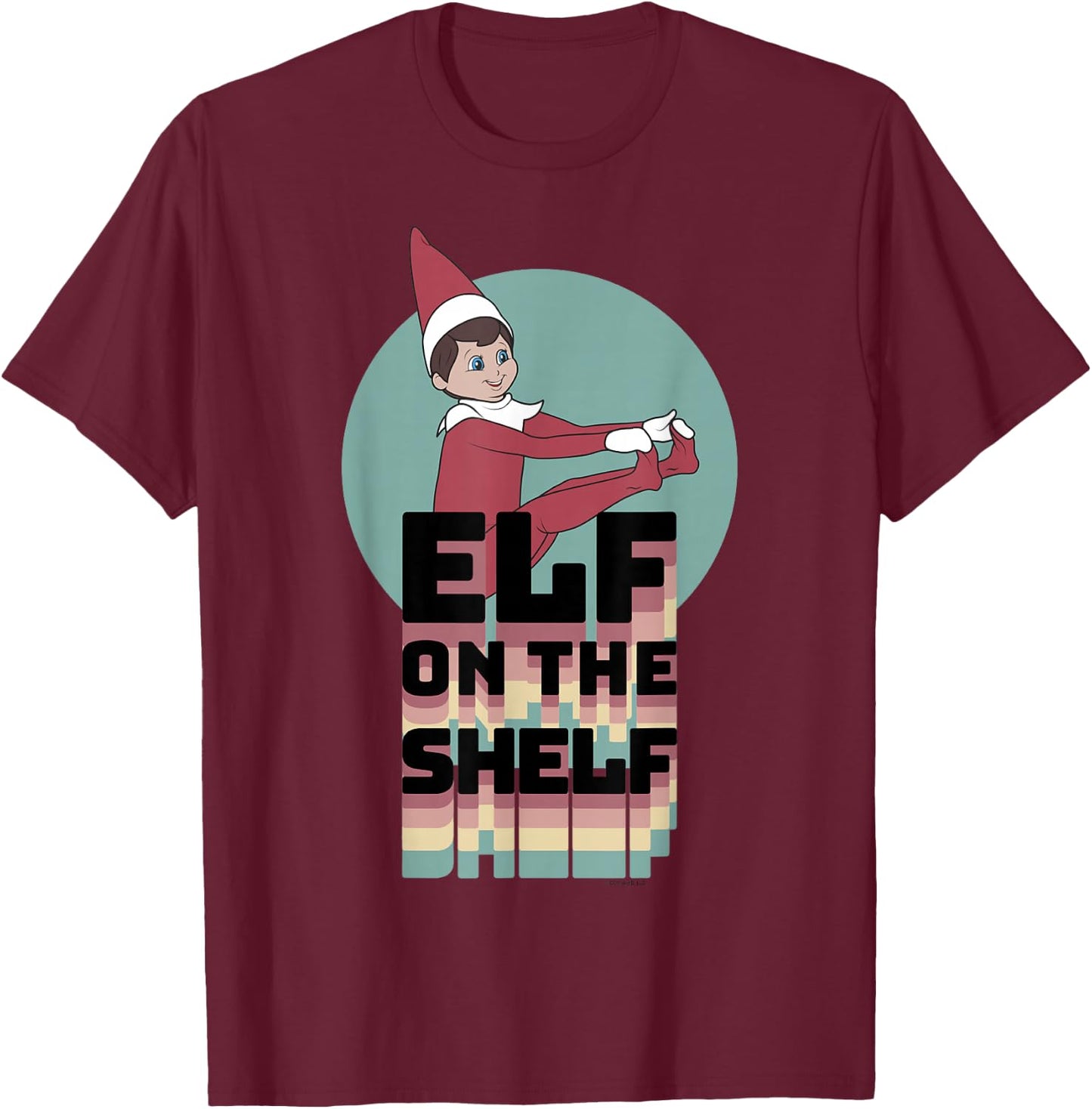 Elf on The Shelf Christmas Retro Rainbow Stacked Text Logo T-Shirt - T-Shirt | Maroon