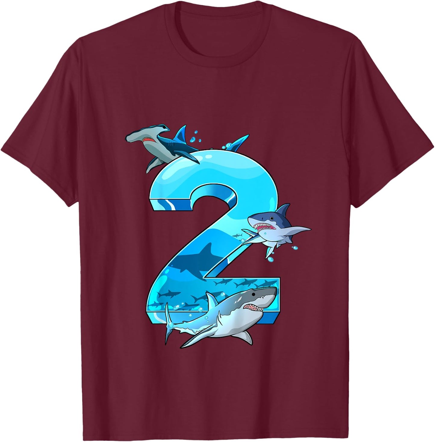 Kids Shark Boy 2 Years Birthday Child Children Birthday T-Shirt - T-Shirt | Maroon