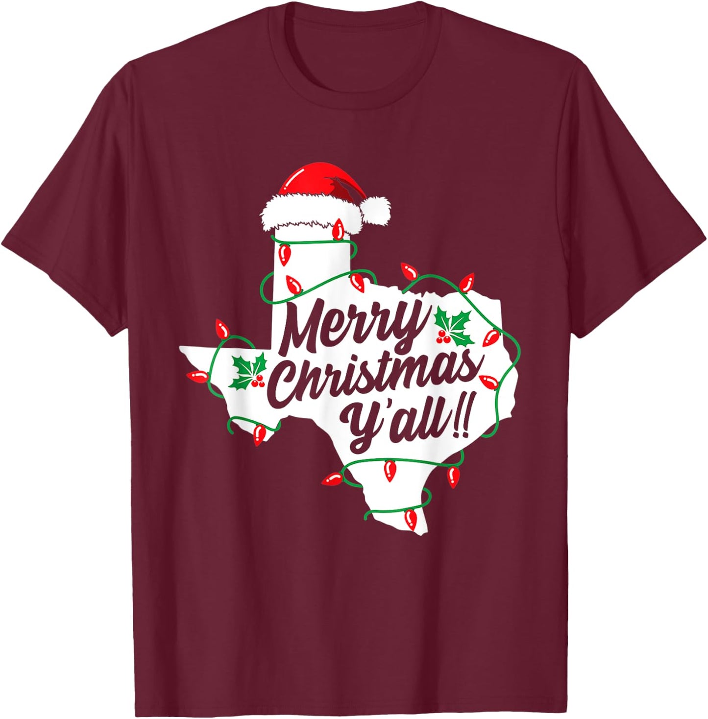 Funny Southern Humor Merry Christmas Y'All Texas Map Santa T-Shirt - T-Shirt | Maroon