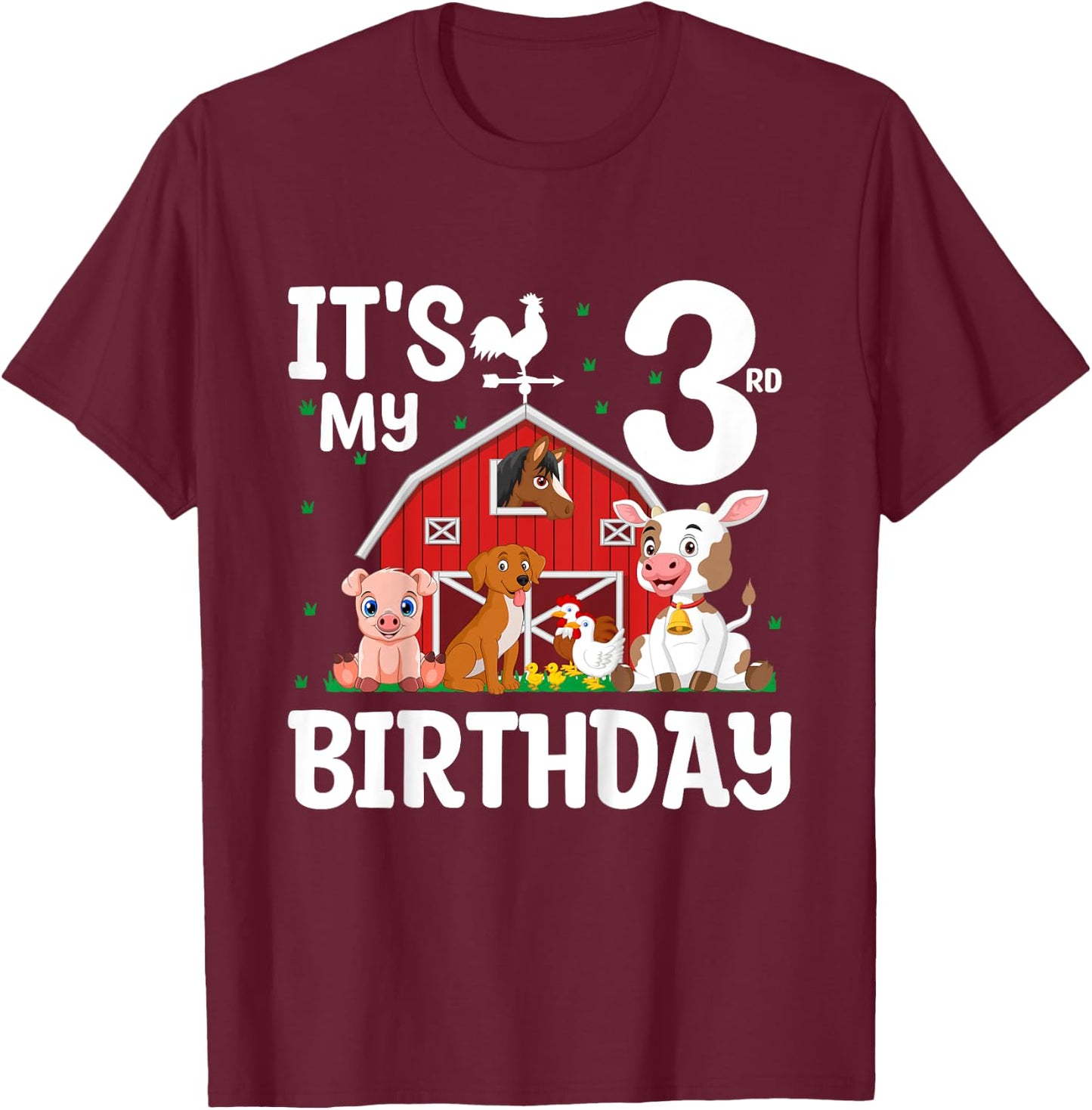 It's My 3rd Birthday Farm Animal 3 Years Old Birthday Party T-Shirt - T-Shirt | Maroon