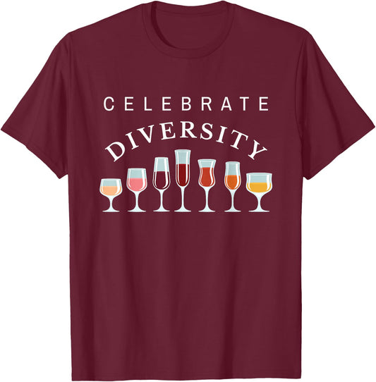 Celebrate diversity, sommelier, white, red, wine glasses T-Shirt - T-Shirt | Maroon