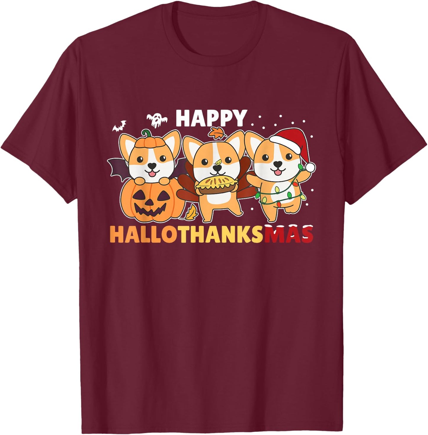 Corgi Christmas Halloween Costume Happy Hallothanksmas T-Shirt - T-Shirt | Maroon