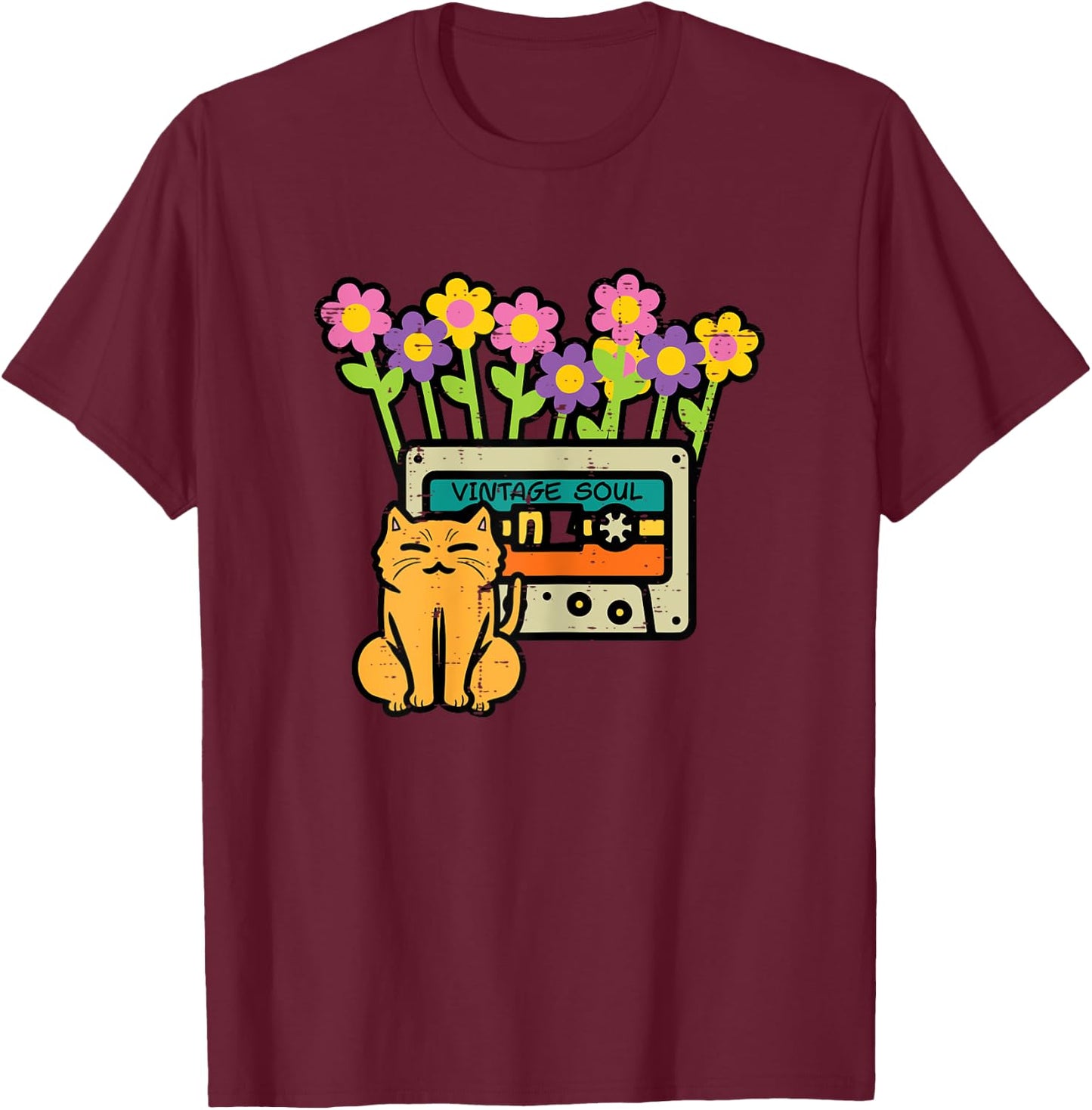 Cat Casette Tape Vintage Soul Flowers Retro Mom Women Girls T-Shirt - T-Shirt | Maroon