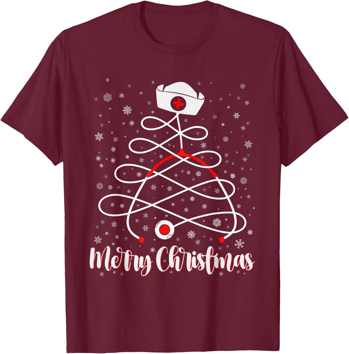 Merry Christmas Nurse Tree Xmas Scrub Women Men T-Shirt - T-Shirt | Maroon