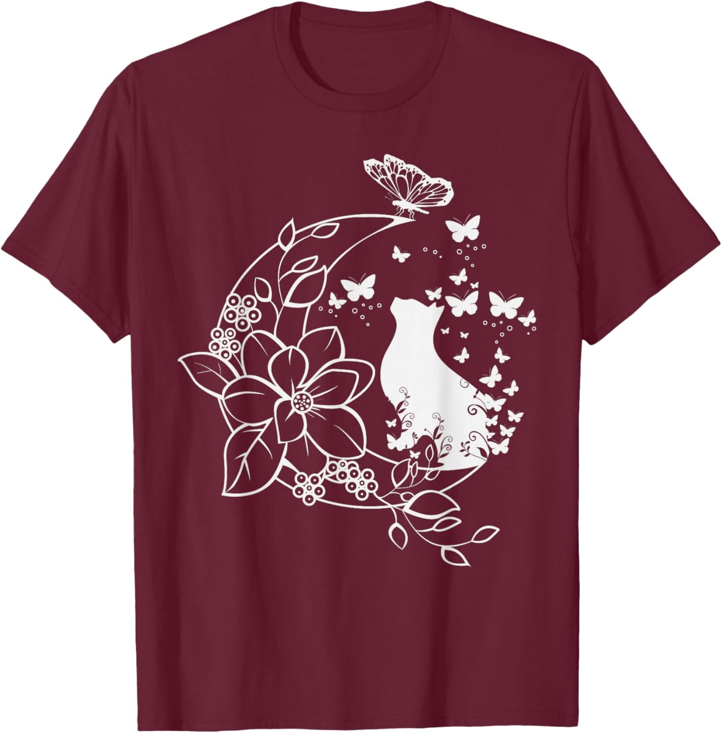 Cat with floral crescent and butterflies. T-Shirt - T-Shirt | Maroon