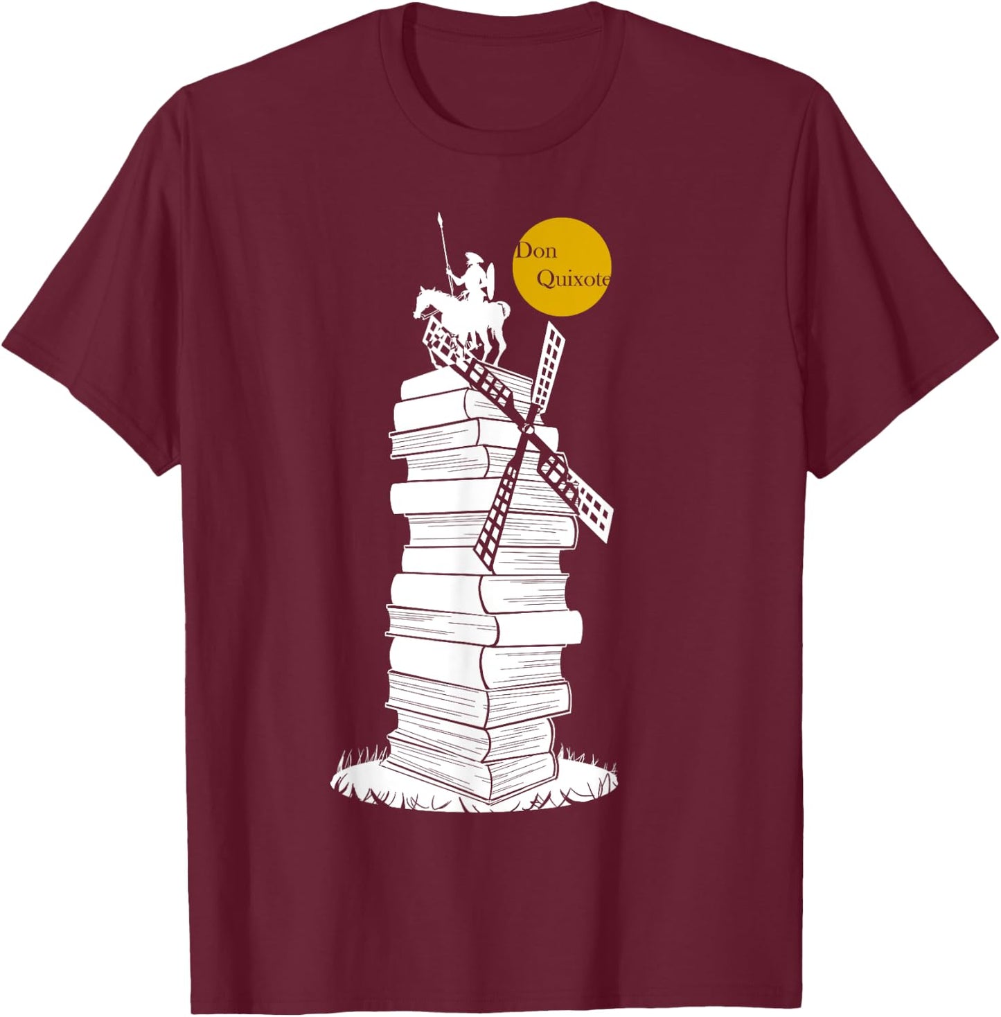 DON QUIXOTE in a Windmill of Books, White Shade T-Shirt - T-Shirt | Maroon
