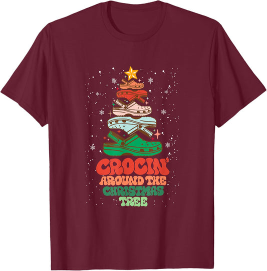 Funny Christmas Crocing Around The Christmas Tree Vintage T-Shirt - T-Shirt | Maroon